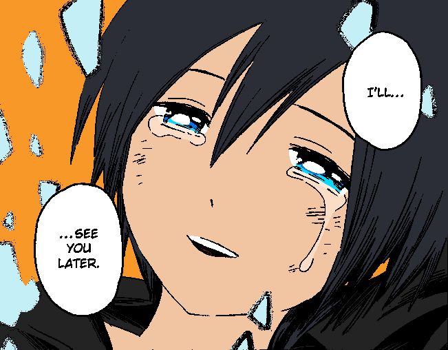 A close up of Xion's face as she is crystalizing, stating: 'I'll...see you later.' to Roxas.